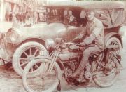 Holmes Kizer, Great-Great uncle of Keith Kizer, sitting on his 1913 Flying Merkel. Photo most probably taken in the streets of down town Salt Lake City in 1917. Holmes parents moved to Salt Lake City in the late 1800 s. Photo courtesy of Keith Kizer.